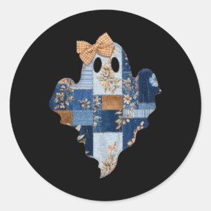 Sticker Rond Retro Halloween Blue Denim Patchwork Ghost Boo Coq