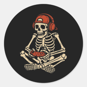 Sticker Rond Retro Halloween squelette joueur vidéo de jeux gar