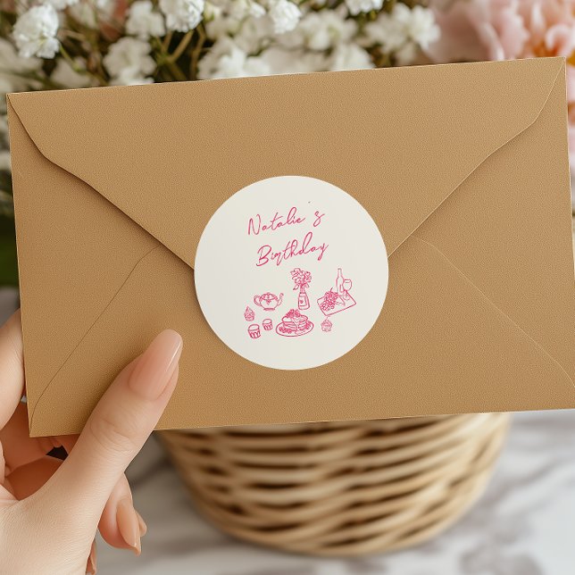 Sticker Rond Retro Hand Drake Pink Vaisselle Anniversaire Brunc (Créateur téléchargé)