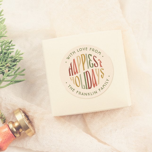 Sticker Rond Retro Happest Holidays Nom de famille Noël (Créateur téléchargé)