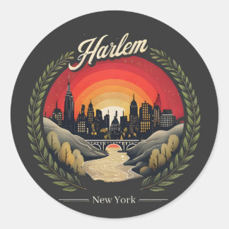 Sticker Rond Retro Harlem Sunset : New York City Skyline