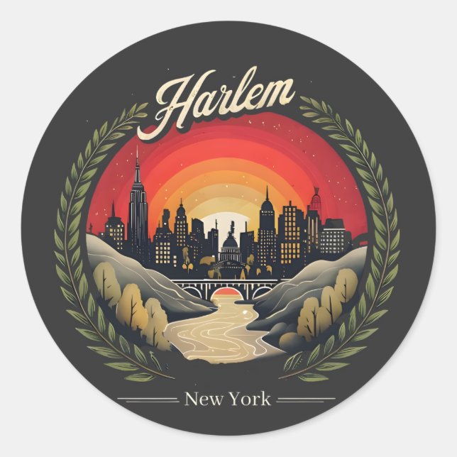 Sticker Rond Retro Harlem Sunset : New York City Skyline (Devant)