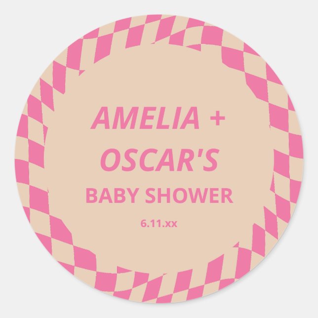 Sticker Rond Retro Hot Pink Abstract Checker Custom Baby Shower (Devant)