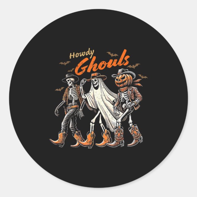 Sticker Rond Retro Howdy Ghouls Skeleton Cowboy Western Rodeo H (Devant)