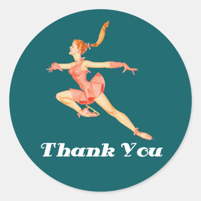 Sticker Rond Retro Image Figure Patinage En Merci Rosé (Devant)