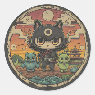 Sticker Rond Retro Island Pals : équipage de chat Ninja