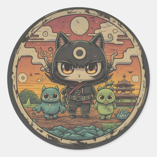 Sticker Rond Retro Island Pals : équipage de chat Ninja (Devant)