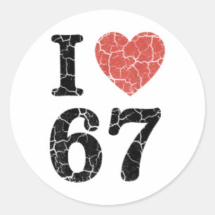 Sticker Rond Rétro J'aime 67 Cœur Numéro 67 Drôle Mème Six Sept