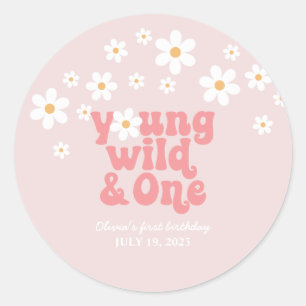 Sticker Rond Rétro Jeune Sauvageonne Daisy florale 1er annivers