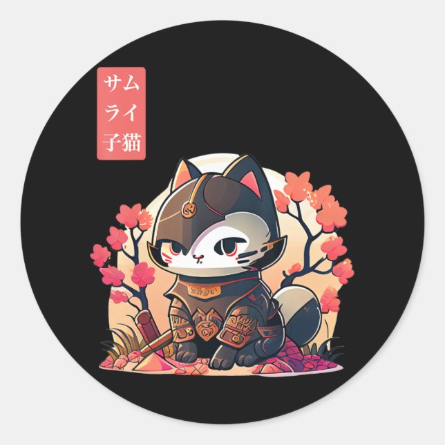 Sticker Rond Retro Kawaii Samurai Cat with Cherry Blossom Tree  (Devant)