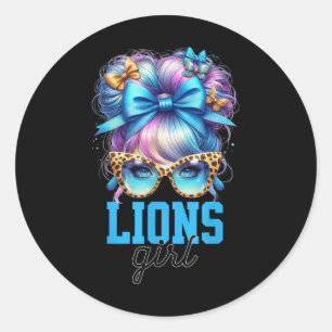 Sticker Rond Retro Lions Girl Messy Bun Sports Fan Team Matchin