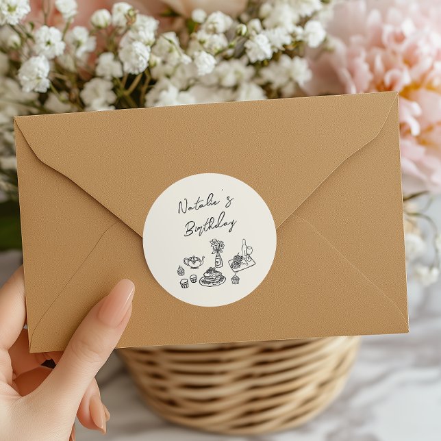 Sticker Rond Retro Main dessinée Noir Vaisselle Anniversaire Br (Créateur téléchargé)