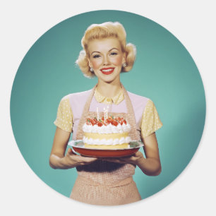 Sticker Rond Retro Maman tient un gâteau de fête