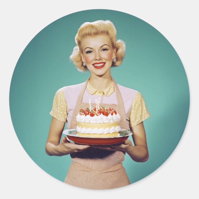 Sticker Rond Retro Maman tient un gâteau de fête (Devant)