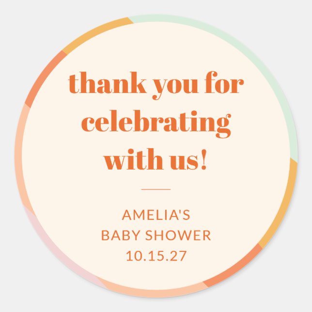 Sticker Rond Retro Mint Orange Stripes Baby shower personnalisé (Devant)