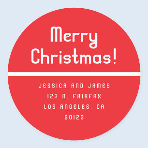 Sticker Rond Retro-Moderne Joyeux Noël Adresse de Retour Rouge