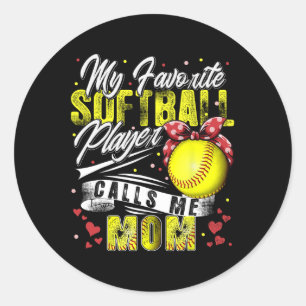 Sticker Rond Rétro Mon Joueur De Softball Favori M'Appelle Mama