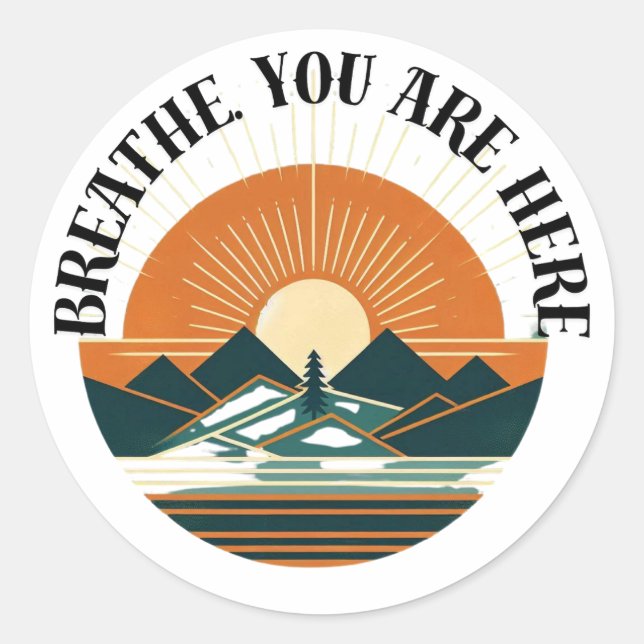 Sticker Rond Retro mountain design with rising sun – Minimalist (Devant)