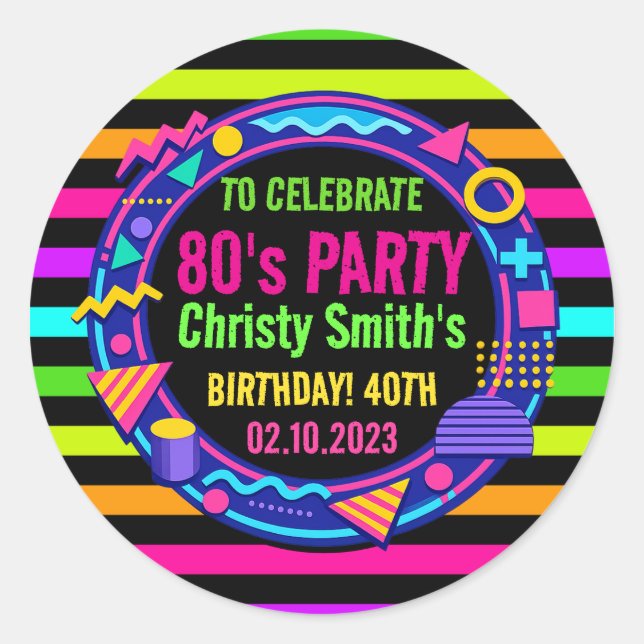 Sticker Rond Retro Neon 80s Birthday adult Party (Devant)
