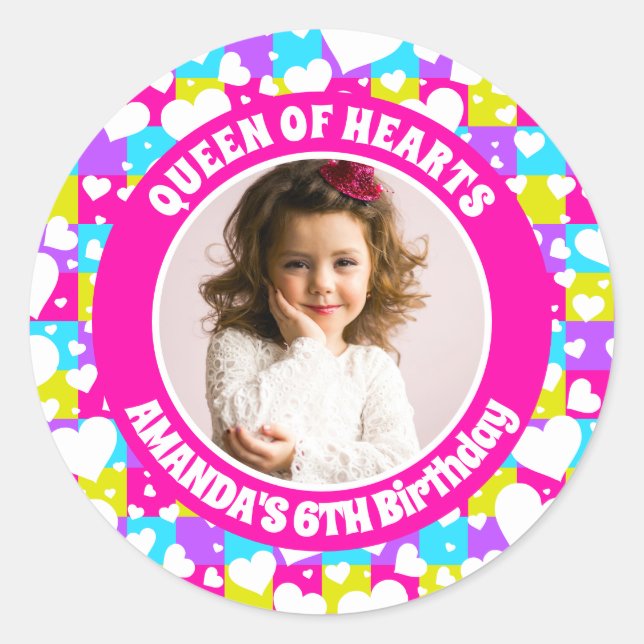 Sticker Rond Retro neon Queen Of Heart Photo Anniversaire (Devant)
