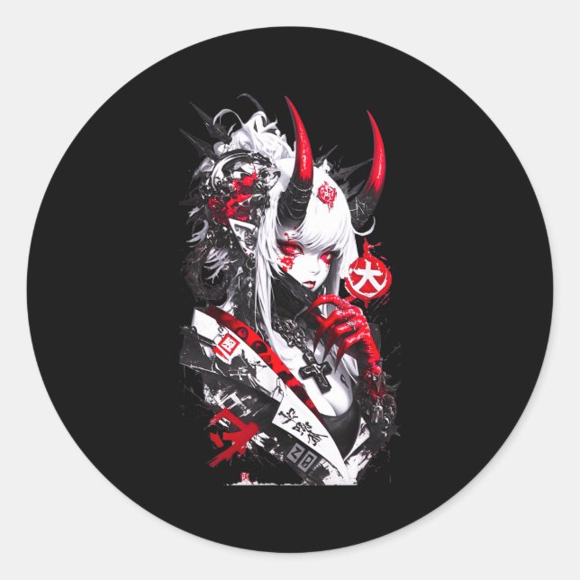 Sticker Rond Retro Okami Girl Basic Japan Style Fox Cute Cool M (Devant)