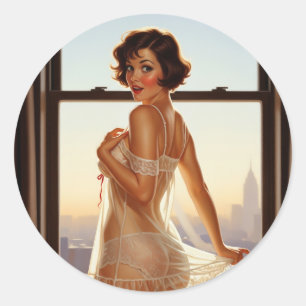 Sticker Rond Retro Old School Pin-up Girl