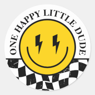 Sticker Rond Rétro One Happy Dude Smile Face Garçon 1er Anniver