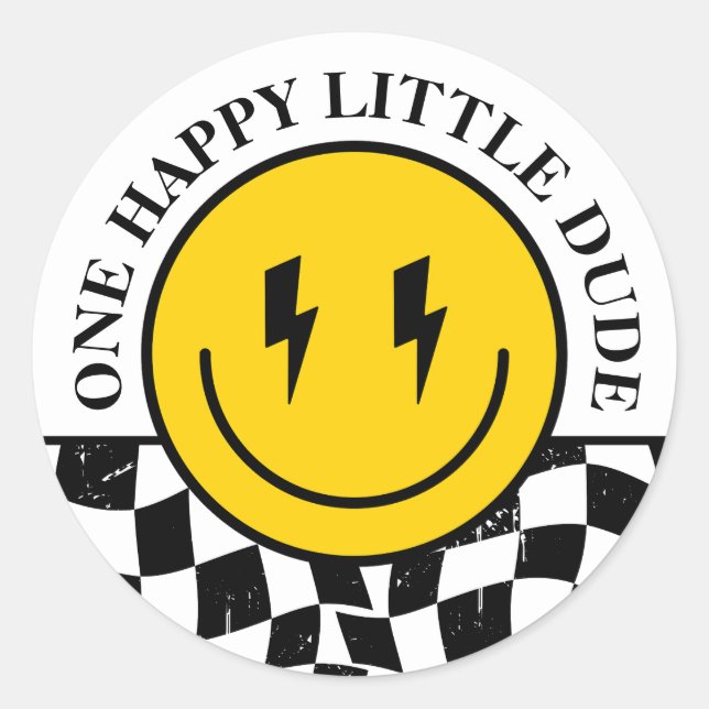 Sticker Rond Rétro One Happy Dude Smile Face Garçon 1er Anniver (Devant)