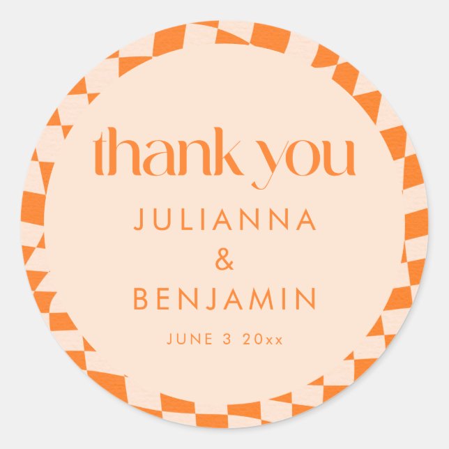 Sticker Rond Retro Orange Check Custom Wedding Thank You (Devant)