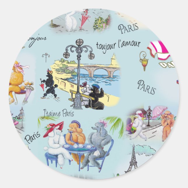 Sticker Rond Retro Paris Poodle Collage (Devant)