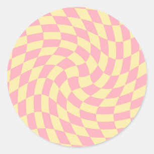 Sticker Rond Retro Pastel rose jaune Chèque À damiers