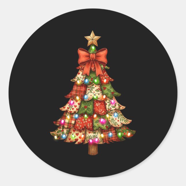 Sticker Rond Retro Patchwork Bow Christmas,rustic Country Chris (Devant)