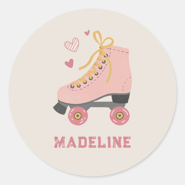 Sticker Rond Retro Patins à rouleaux rose Nom Classe Valentine (Devant)