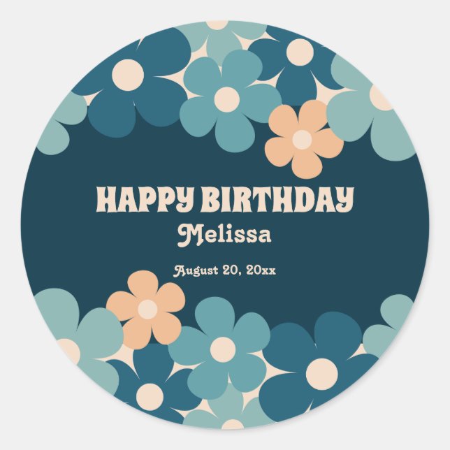Sticker Rond Retro Peach Dark Green Boho Flower 40th Birthday (Devant)