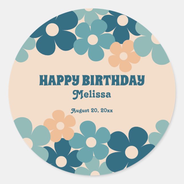 Sticker Rond Retro Peach Green Boho Flower 40th Birthday (Devant)