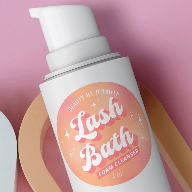 Sticker Rond Retro Peach Moderne Nettoyant à la mousse à lessiv (Trendy retro lash bath cleanser product label in pastel peach design with space for your brand name )