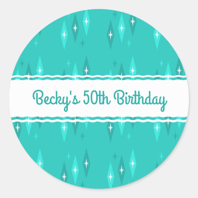 Sticker Rond Retro Personnalisé Anniversaire Fête Turquoise (Devant)
