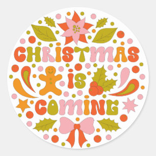 Sticker Rond Rétro personnalisé "Noël arrive" Amusement coloré