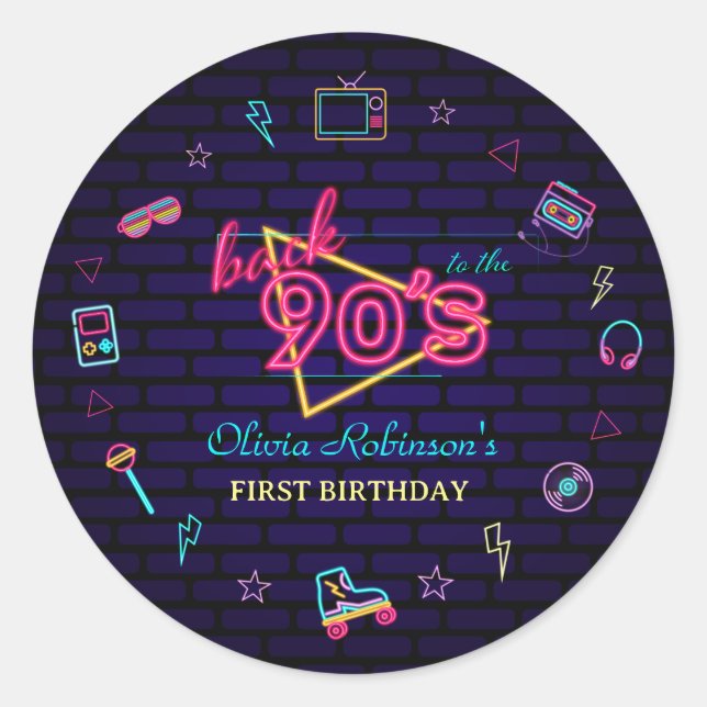 Sticker Rond Retro Pop Neon Enfants Anniversaire Bash (Devant)