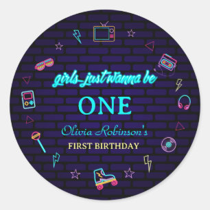 Sticker Rond Retro Pop Neon Enfants Anniversaire Bash