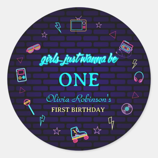 Sticker Rond Retro Pop Neon Enfants Anniversaire Bash (Devant)