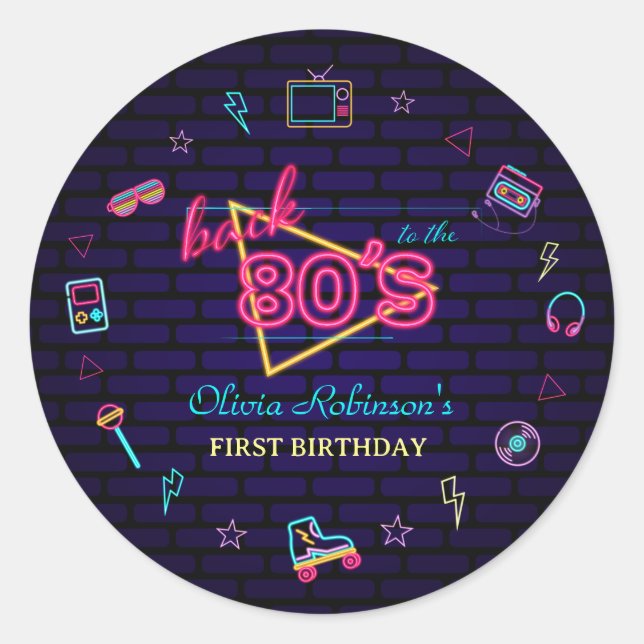 Sticker Rond Retro Pop Neon Enfants Anniversaire Bash (Devant)
