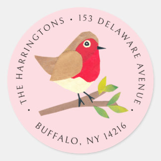 Sticker Rond Retro Printemps Rouge-gorge Rose Pâle Adresse de R