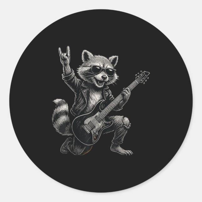 Sticker Rond Retro Raccoon Rock Music Cadeau Hommes Enfants Fem (Devant)
