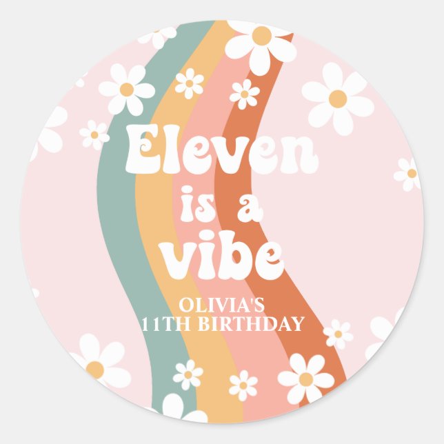 Sticker Rond Retro Rainbow Eleven est un Vibe Daisy 11e anniver (Devant)