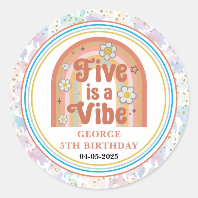 Sticker Rond Retro Rainbow FIVE est une Vibes Anniversaire Groo (Devant)