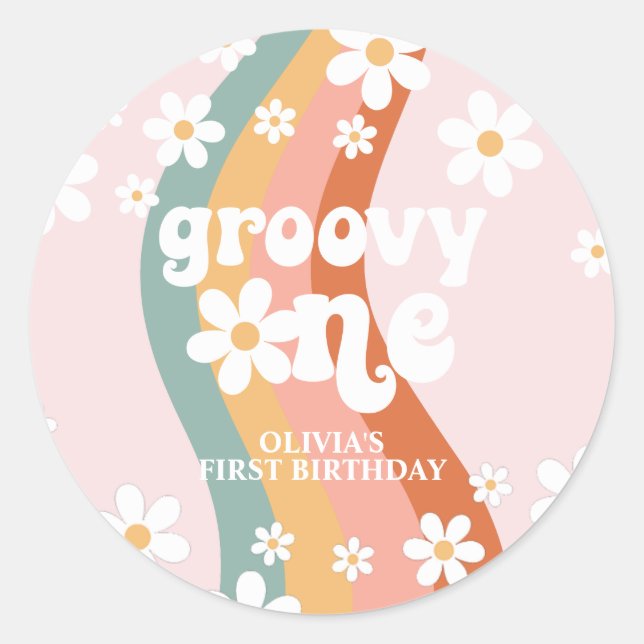 Sticker Rond Rétro Rainbow Groovy Une Marguerite (Devant)