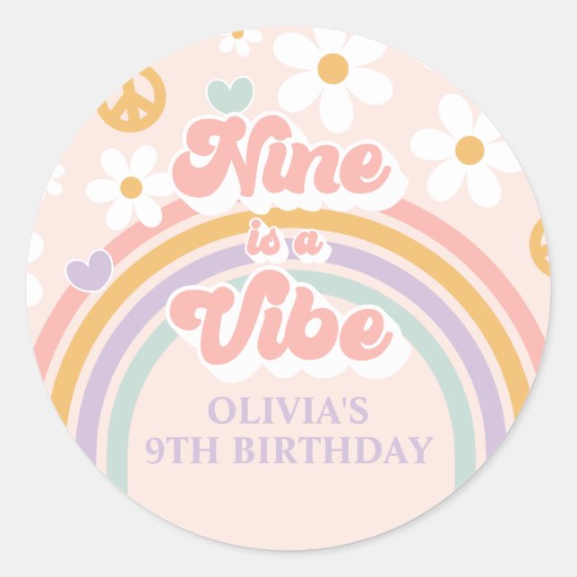 Sticker Rond Retro Rainbow Nine est un Vibe 9e anniversaire (Devant)