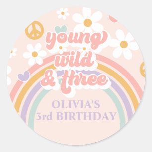 Sticker Rond Retro Rainbow Young Wild Three 3e anniversaire