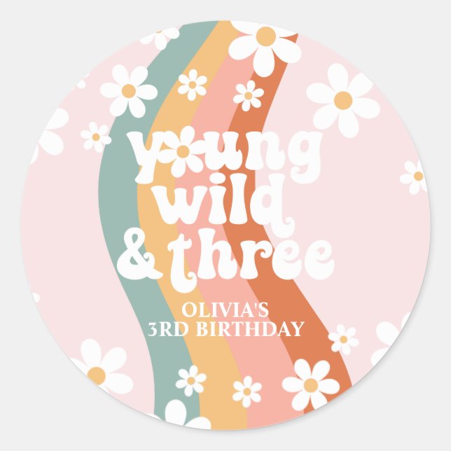 Sticker Rond Retro Rainbow Young Wild Three Daisy (Devant)